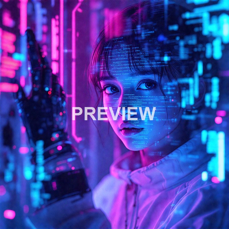 A young woman with short hair and striking eyes is surrounded by neon lights and digital code overlays, giving a futuristic cyberpunk aesthetic.